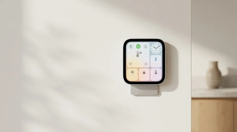 Render of the Apple HomeView mounted on a living room wall