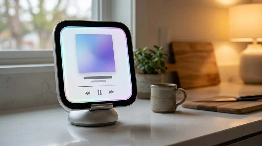 Render of the tabletop Apple HomeView playing music on a kitchen counter