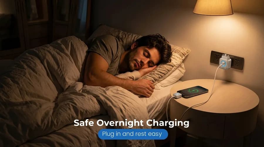 A person asleep in bed at night with the charging adapter plugged into a wall outlet beside them