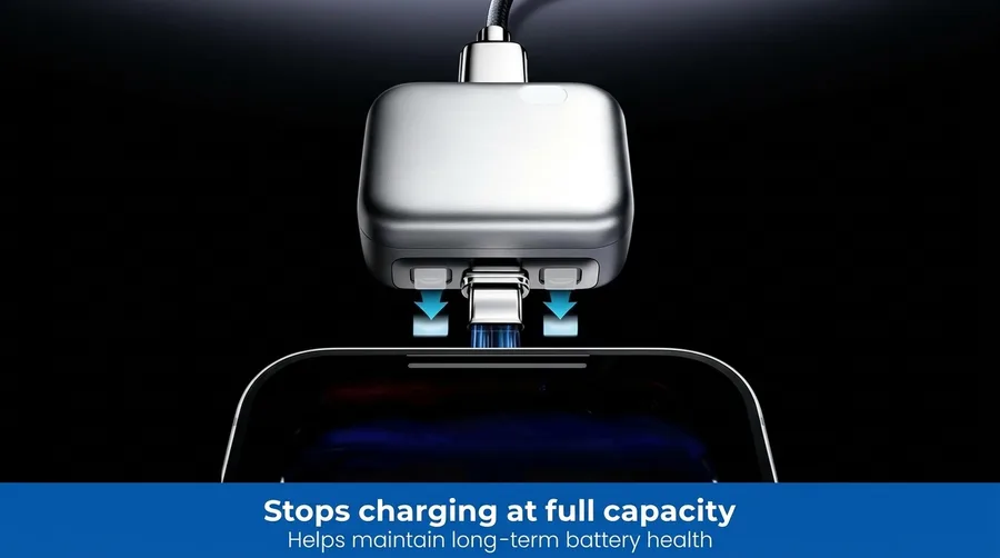 The charging adapter plugged into the charging port of a phone lying on a dark surface