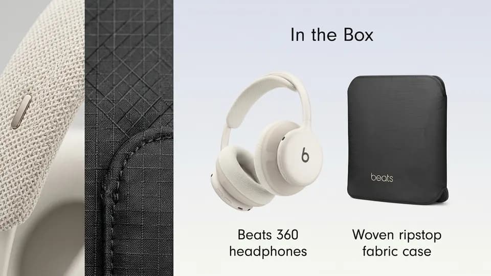 Beats 360 box contents with the headphones and woven ripstop carrying case