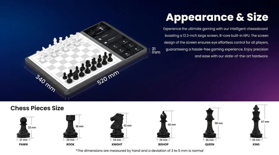 Chessnut Evo size and weight with piece dimensions