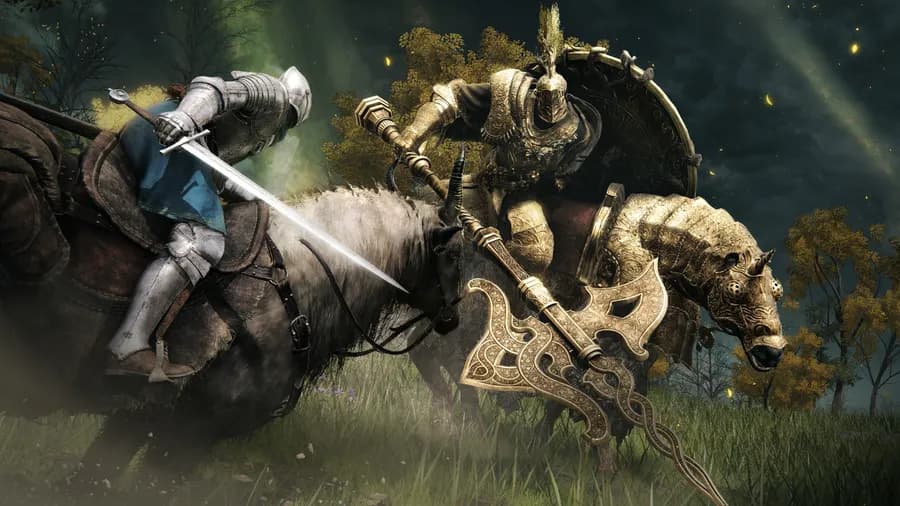 Elden Ring mounted combat showing Torrent and weapon action