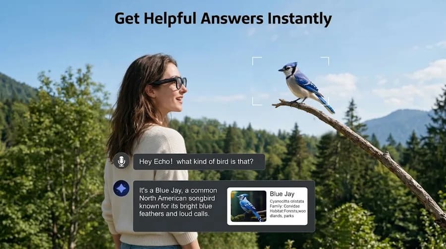 Person wearing dark-framed glasses outdoors looking toward a bird, with a question and answer panel overlaid