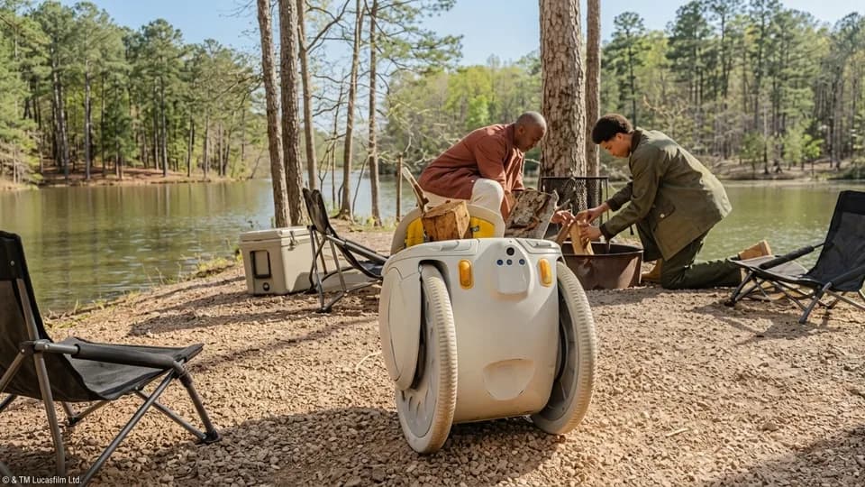 The Grogu gitamini at an outdoor campsite with two people