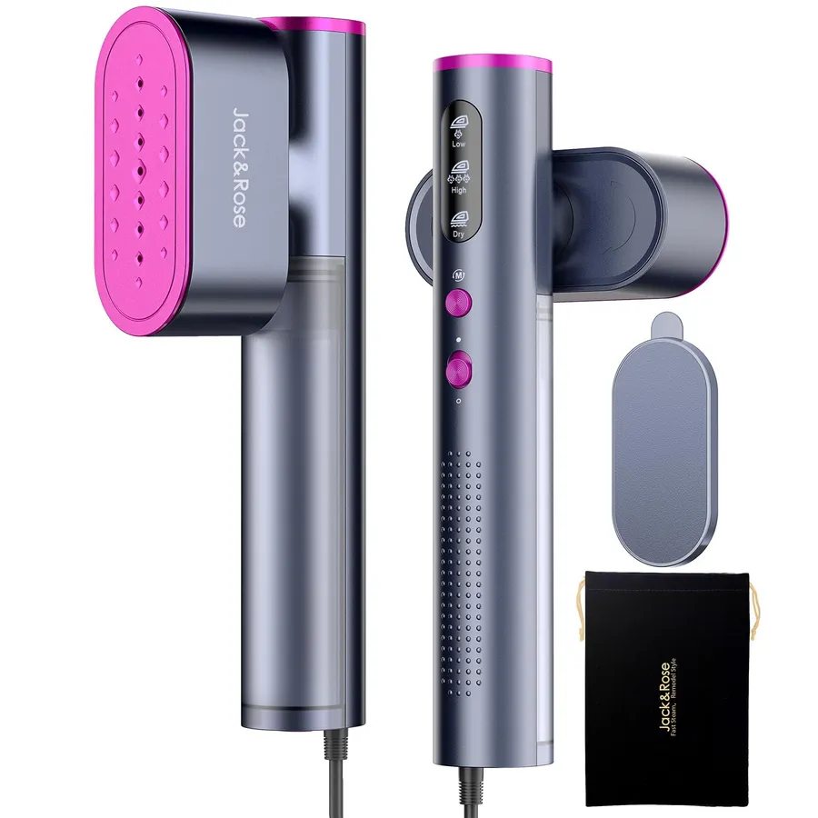 Jack & Rose K1 handheld travel steamer with LED display, control panel, cord and travel pouch