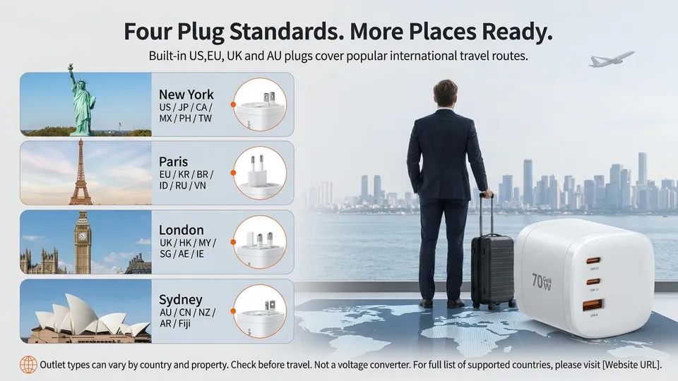City plug coverage for the Mukiya travel adapter — New York, Paris, London and Sydney outlets