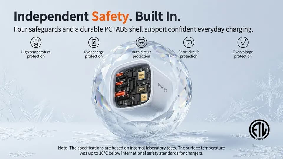 The Mukiya travel adapter’s built-in safety protections and durable PC+ABS shell