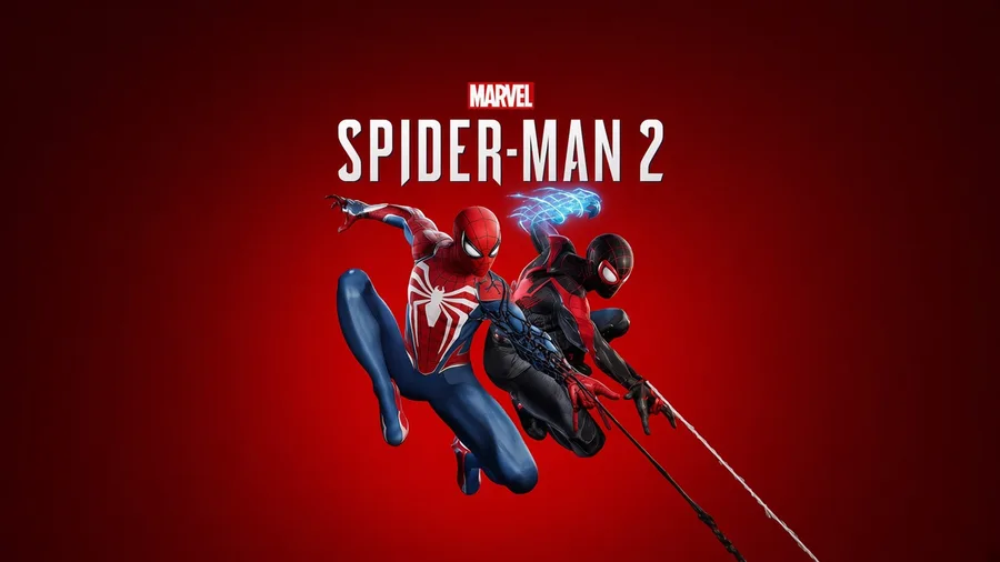 Two characters in Spider-Man suits leaping together above a red background under the Spider-Man 2 title art