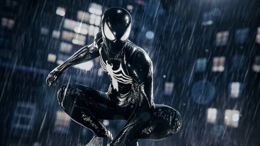A figure in a black suit with a white spider emblem crouched on a rooftop in the rain with city lights behind