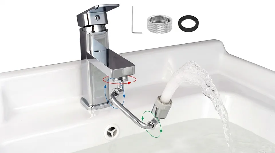 Diagram of the Hibbent 1080° faucet extender’s three rotating joints with directional arrows