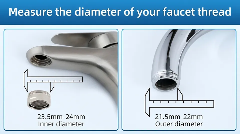 Measuring a faucet spout’s thread diameter to check faucet extender compatibility
