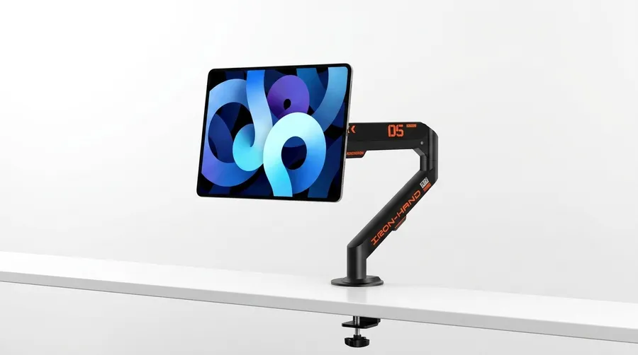 JINRAIKO overhead camera mount C-clamp mounted under a white desk holding a tablet in landscape