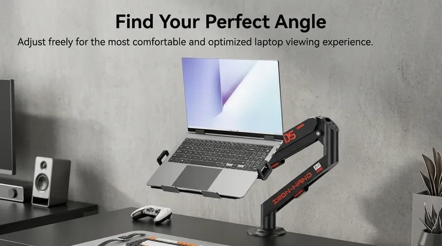 JINRAIKO overhead camera mount holding a laptop at an ergonomic viewing angle in a desk setup