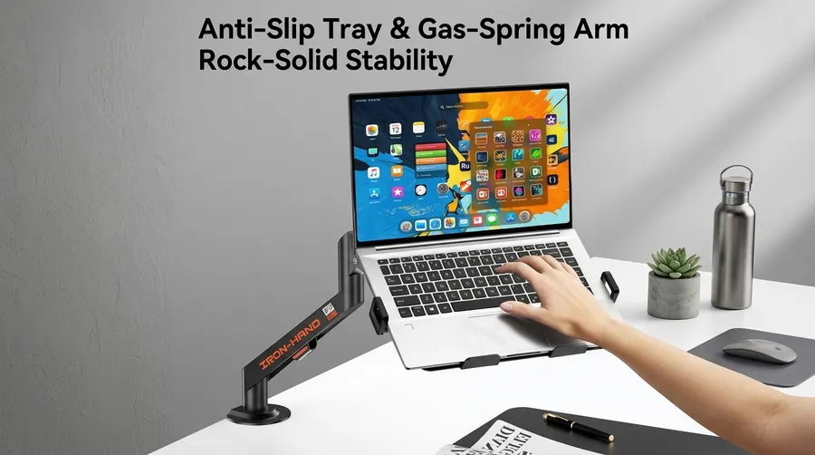 JINRAIKO overhead camera mount with anti-slip tray holding a laptop in a desk lifestyle shot