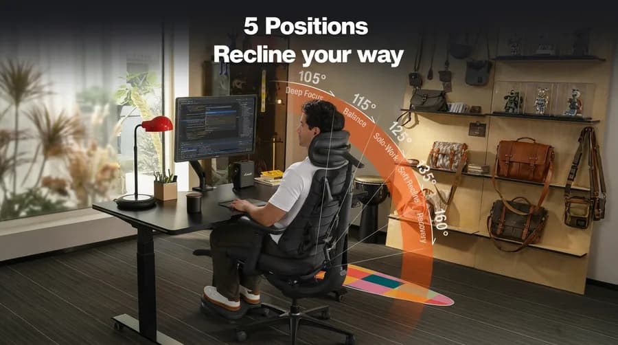 A person seated in a dark ergonomic chair at a desk with a monitor, a footrest under their feet and recline angle markers overlaid on the image