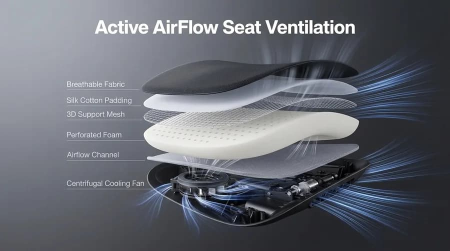 Cutaway of a chair seat showing stacked fabric, foam and mesh layers above a base with a round fan and blue airflow streams