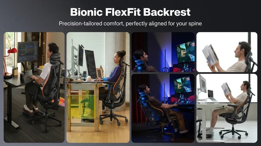 Collage of five photos showing people using the chair at desks, at a gaming setup and reclined reading a book
