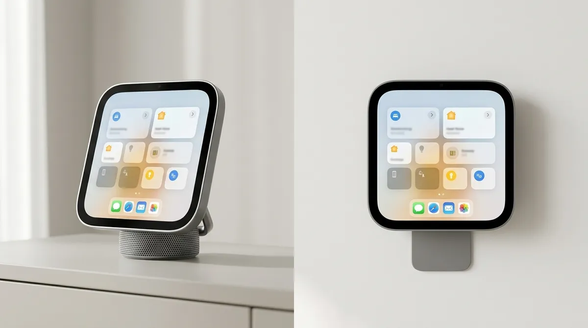 Render of Apple HomeView tabletop and wall-mounted versions side by side