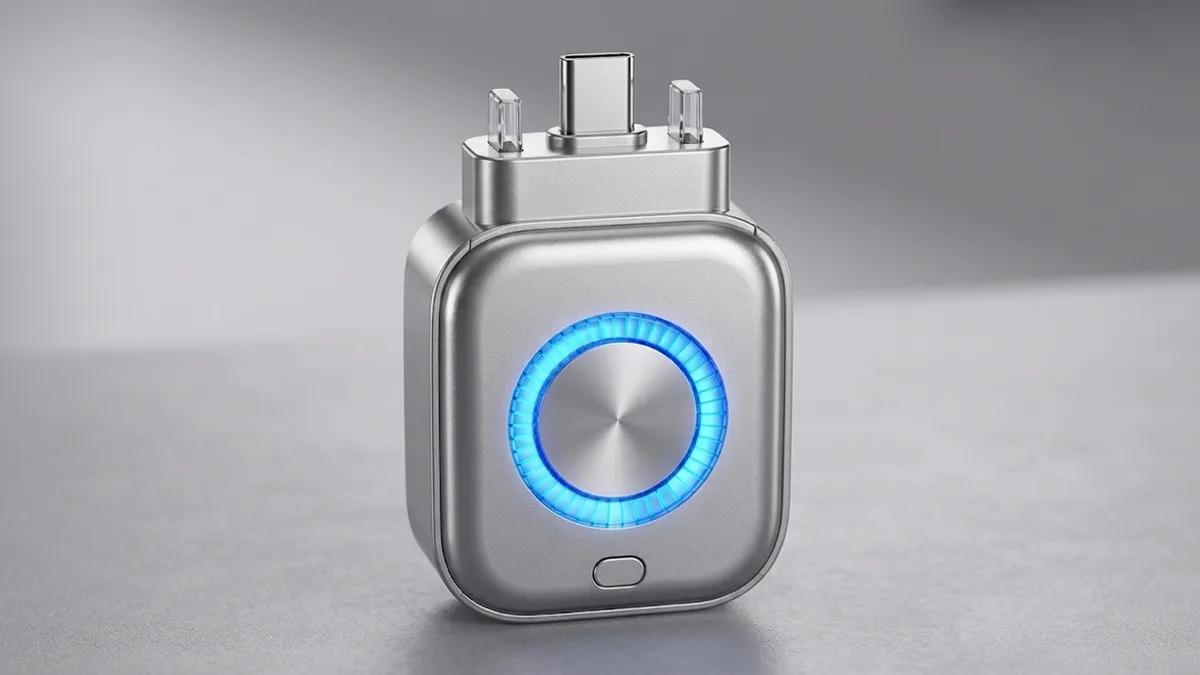 Silver auto stop charging adapter with a blue illuminated ring on its front, shown plugged into a socket