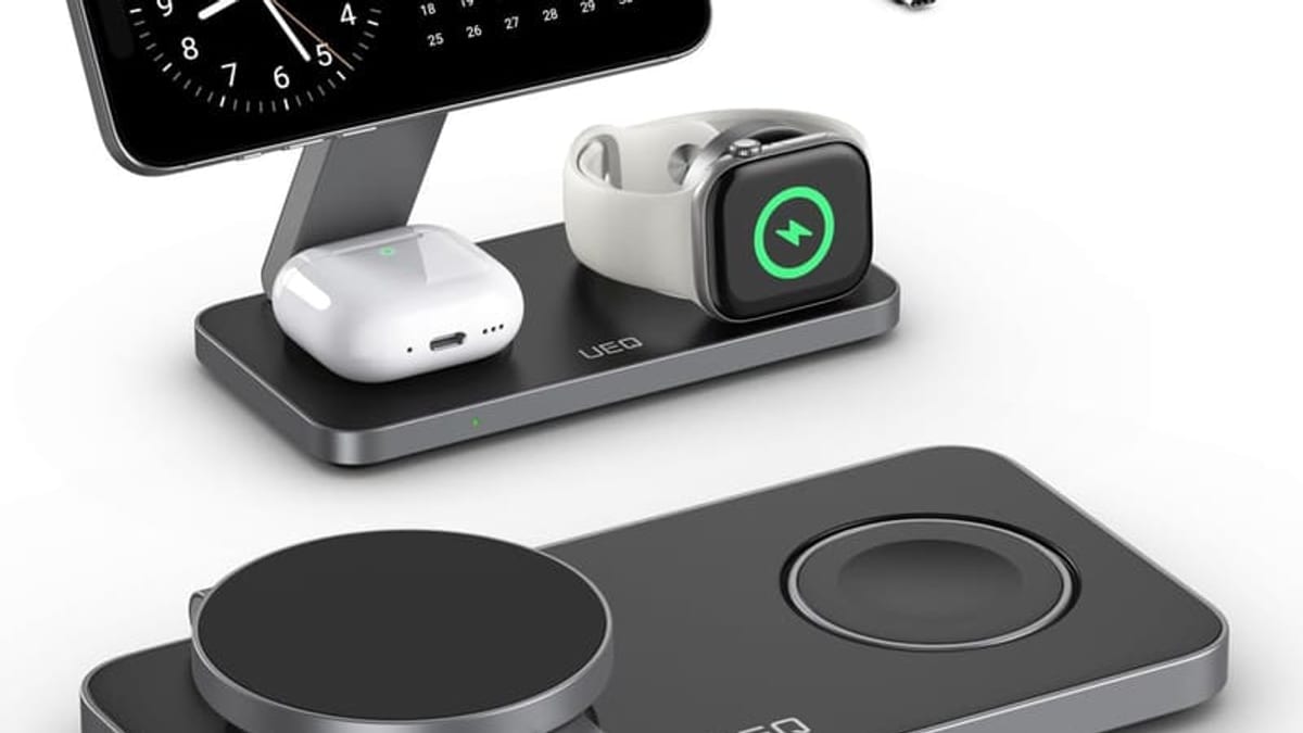 Foldable 3 in 1 wireless charging station with iPhone and AirPods