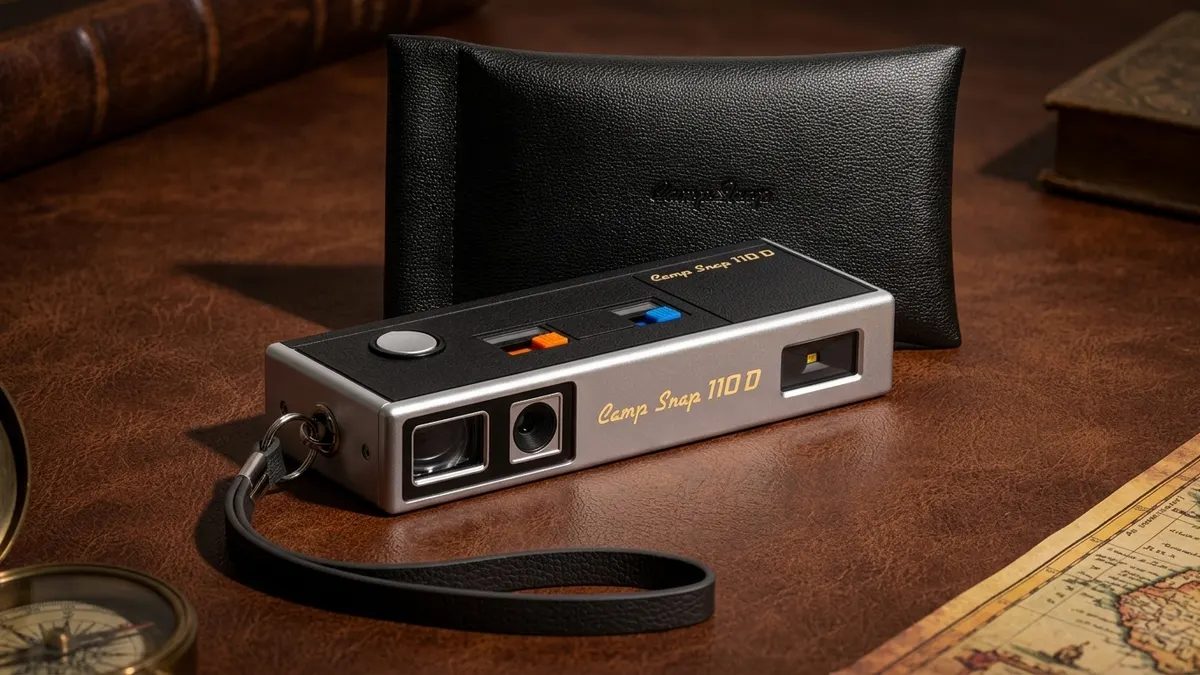 Screenless retro digital camera resting on a leather desk with a compass and map