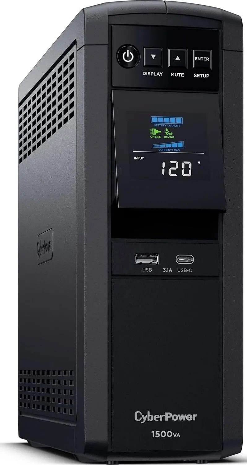 CyberPower CP1500PFCLCD sinewave UPS on a desk with a desktop PC and monitor in the background