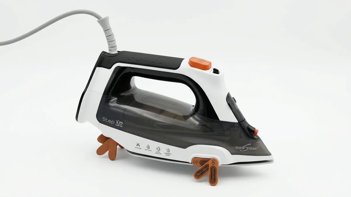 Eurosteam Step Up self-lifting steam iron standing on its lift legs, angled view