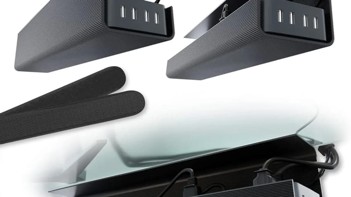 Under desk cable management tray holding power strip