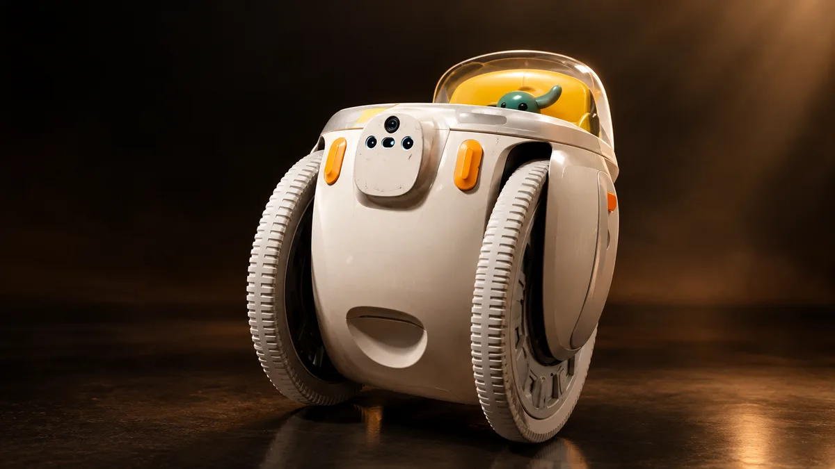 The Grogu gitamini cargo robot with a Grogu figure in its basket on a dark studio background