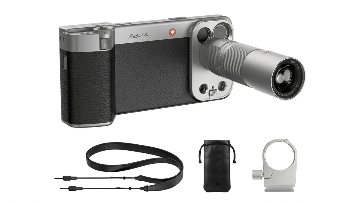 PGYTECH RetroVa all-in-one photography grip kit laid out on a white background with the phone case, textured grip, telephoto lens, strap, pouch and tripod mount