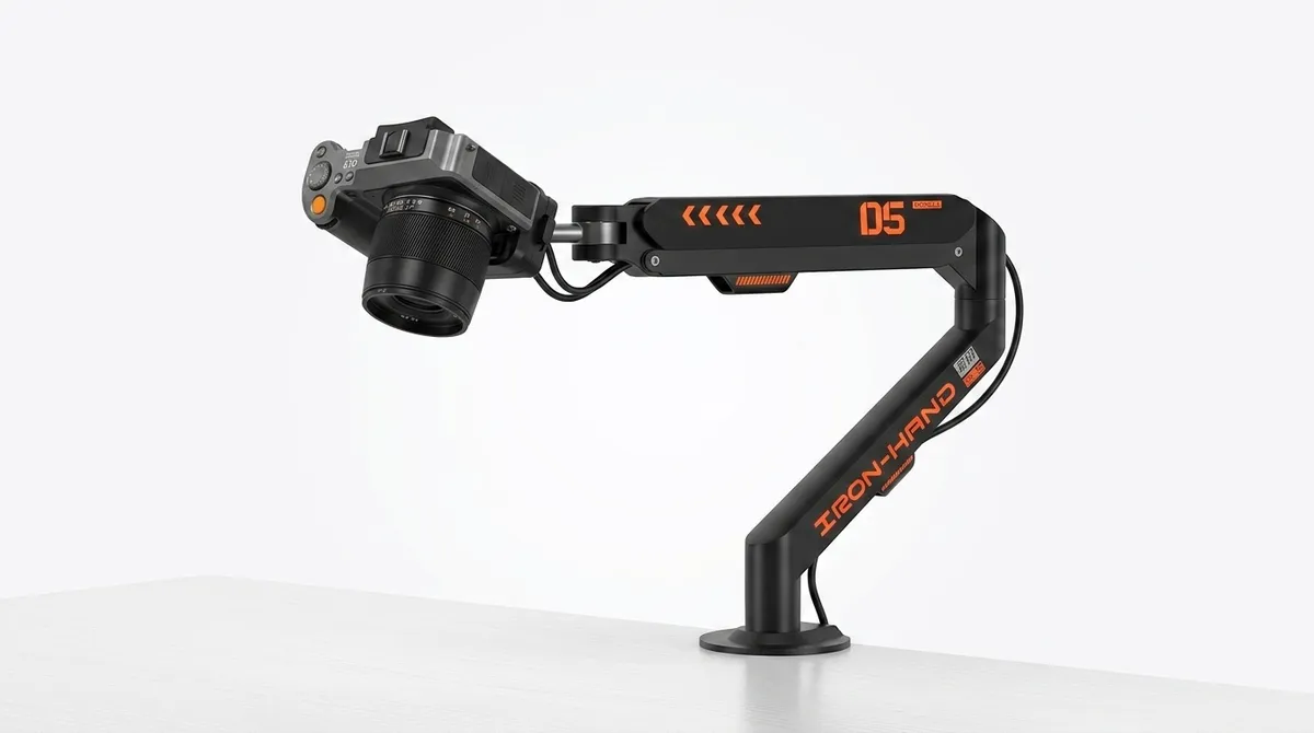 JINRAIKO overhead camera mount with 360° adjustable arm on a white desk
