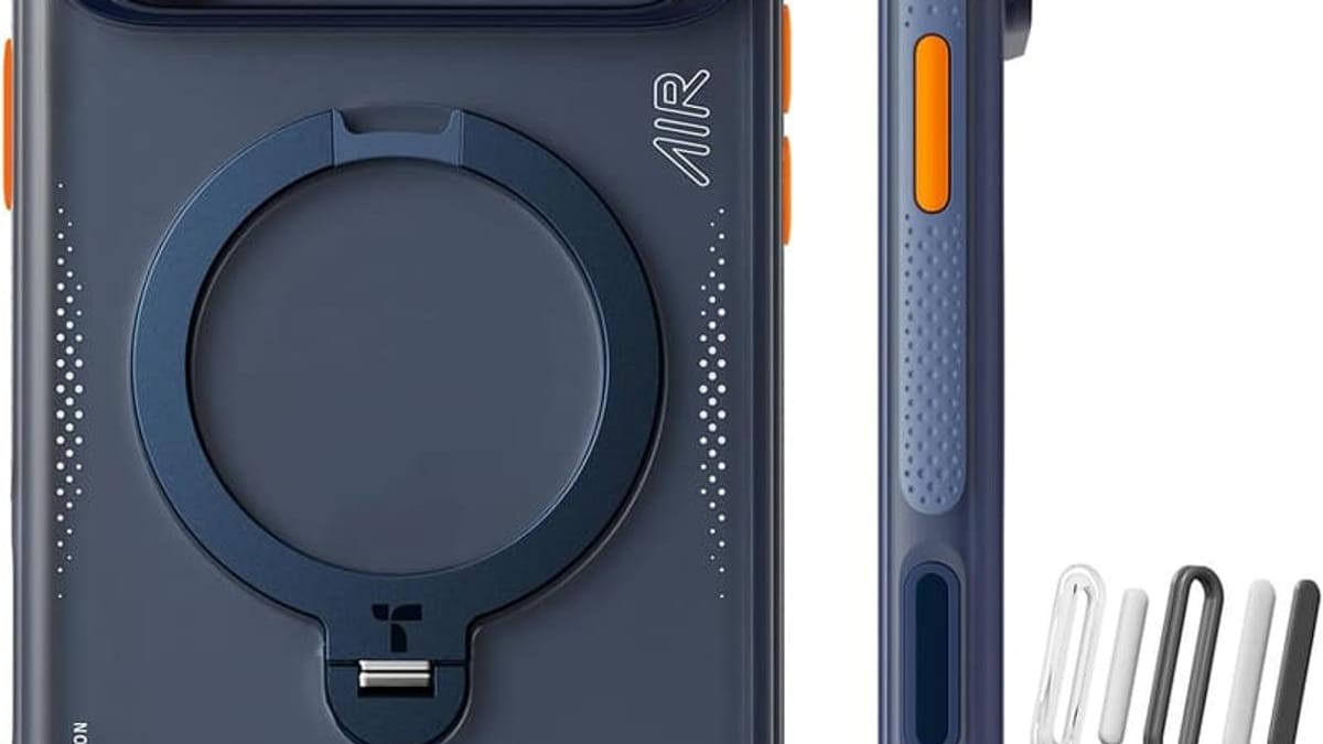 iPhone 17 Pro with magnetic kickstand case in Midnight Blue