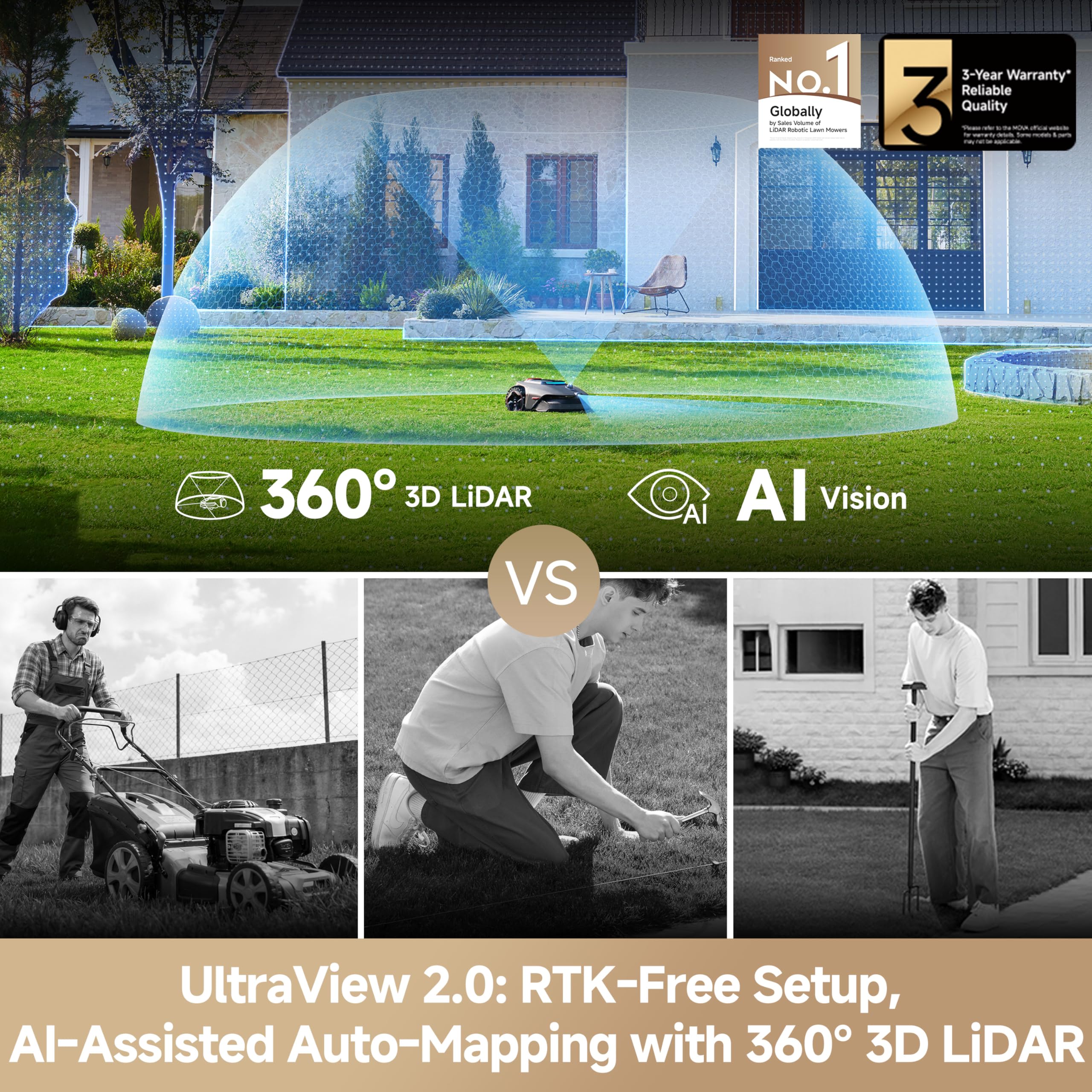 MOVA LiDAX Ultra 2000 robot lawn mower with 360° 3D LiDAR and AI vision navigation