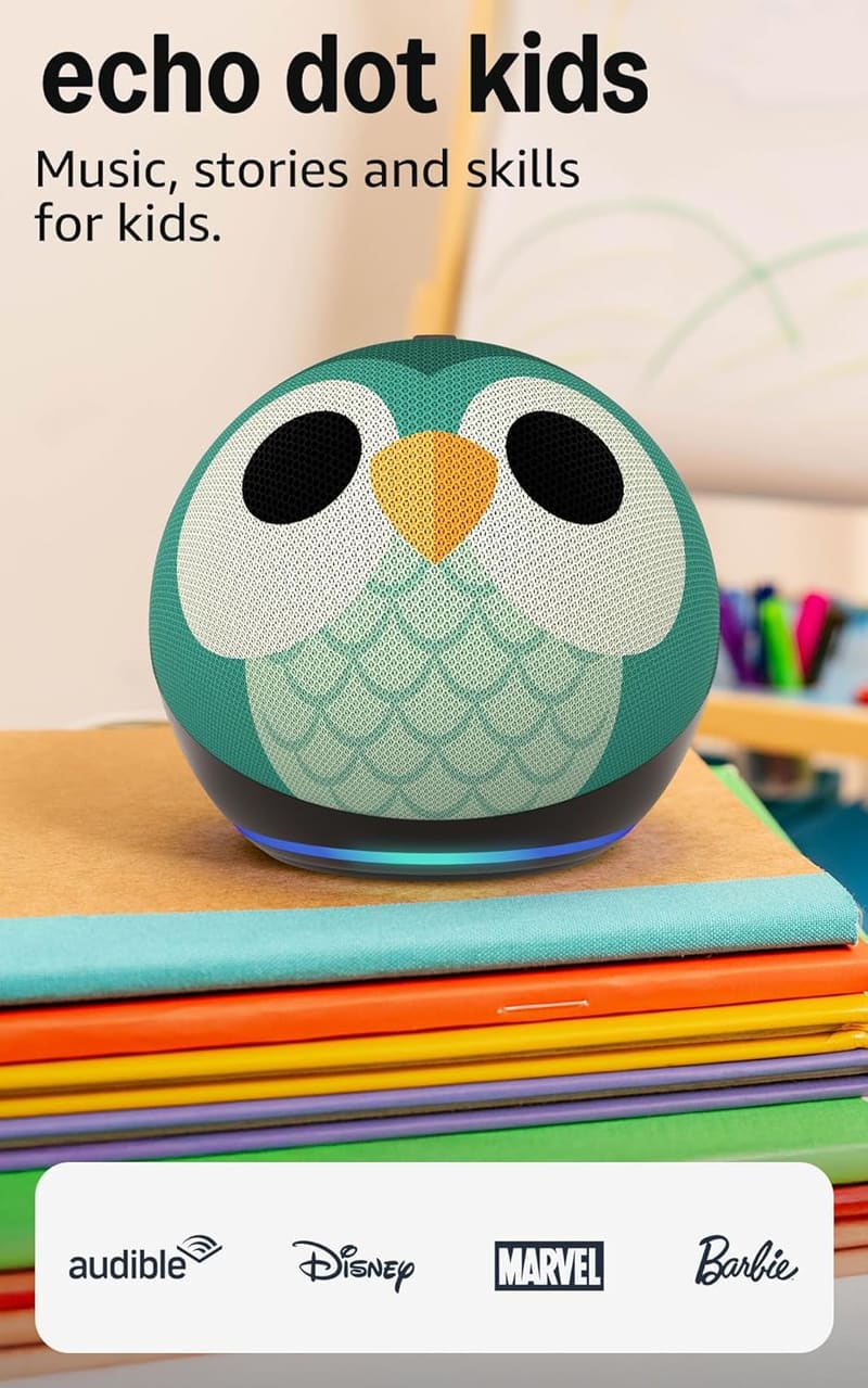 Kids Echo Dot 5th Gen smart speaker in owl design